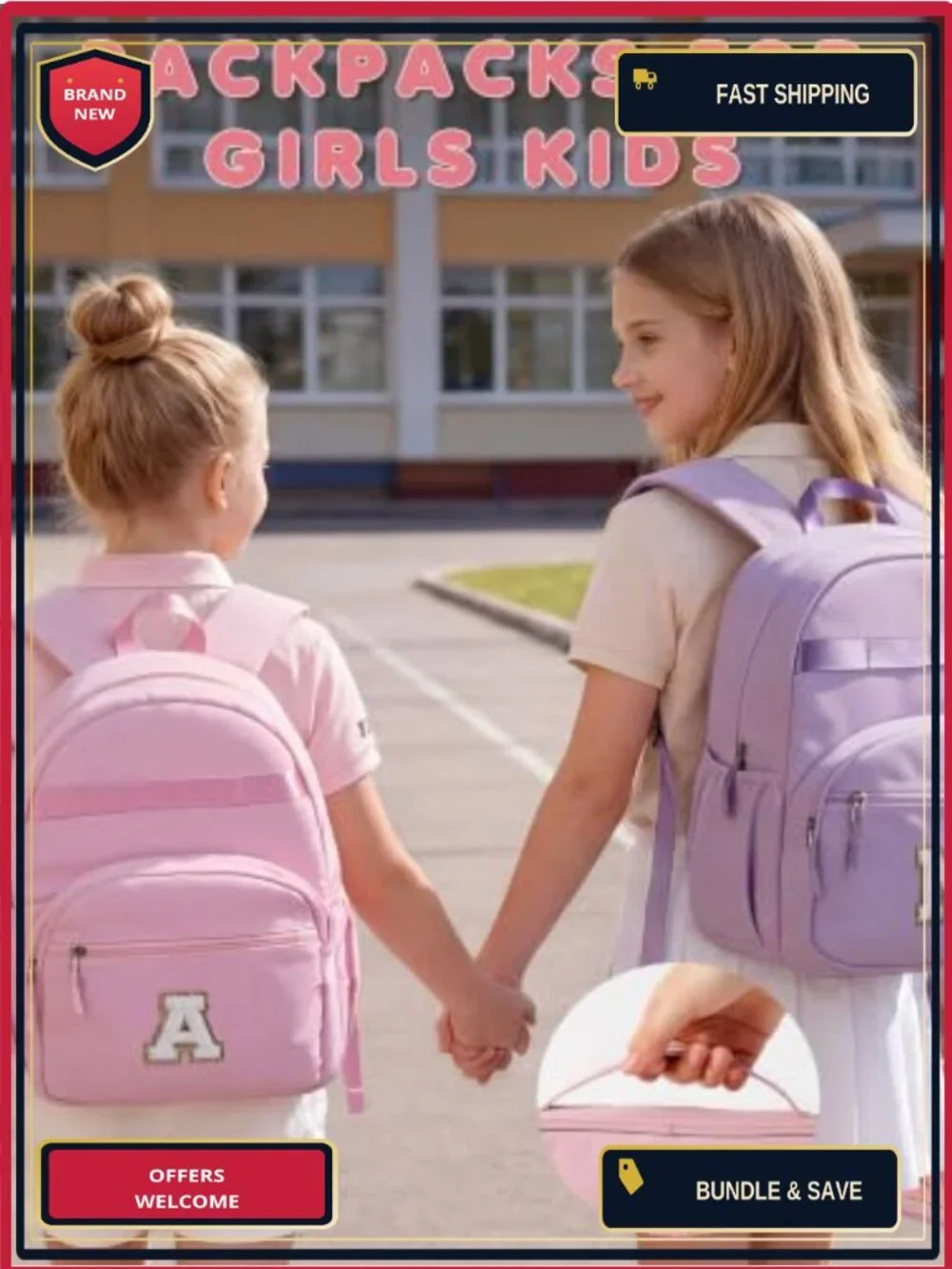 Kids' Initial Backpack for Girls Toddler School Pencil Box, Multi-Pocket